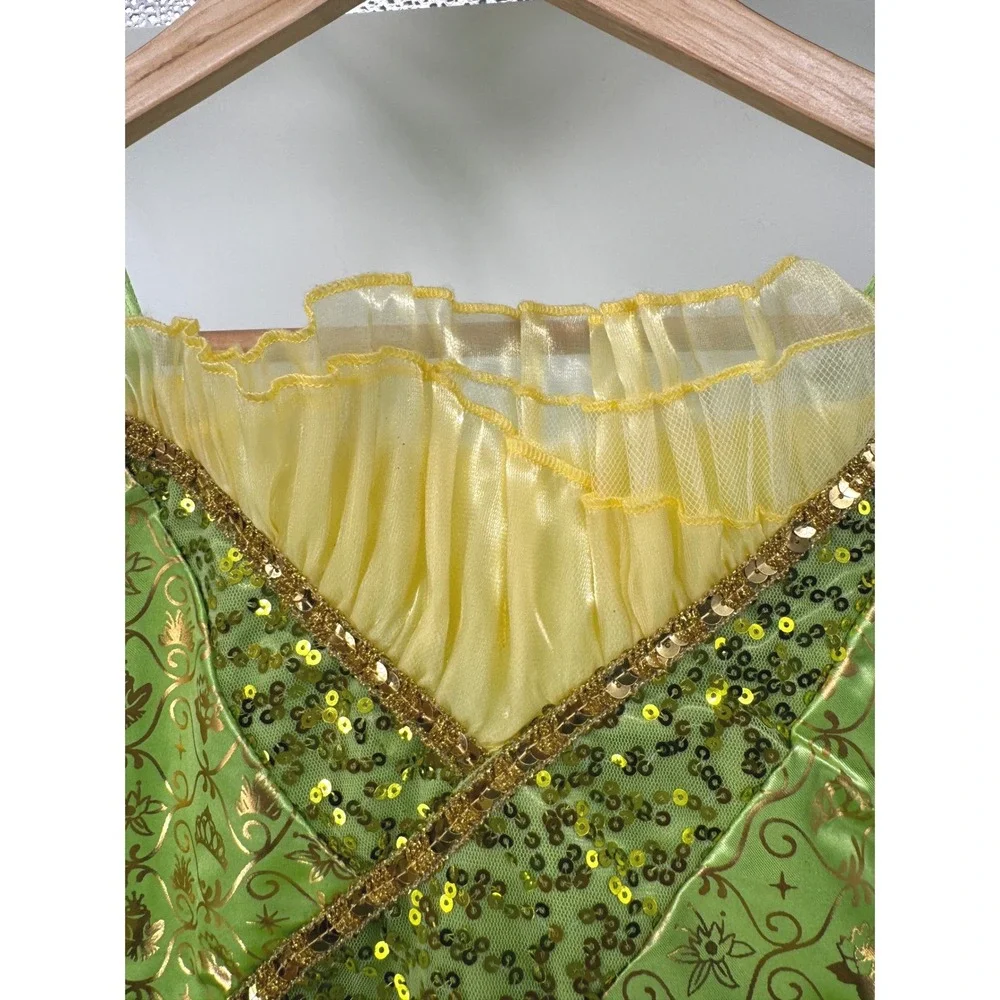 Disney Princess Tiana Costume Dress Kids Size 9/10 Lime Green Gold Sequins